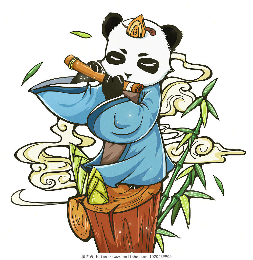 国潮蓝色中国风熊猫竹林吹笛子PNG素材国潮风国潮动物